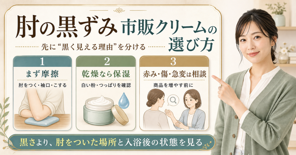 肘の黒ずみに使う市販クリームの選び方を確認するアイキャッチ