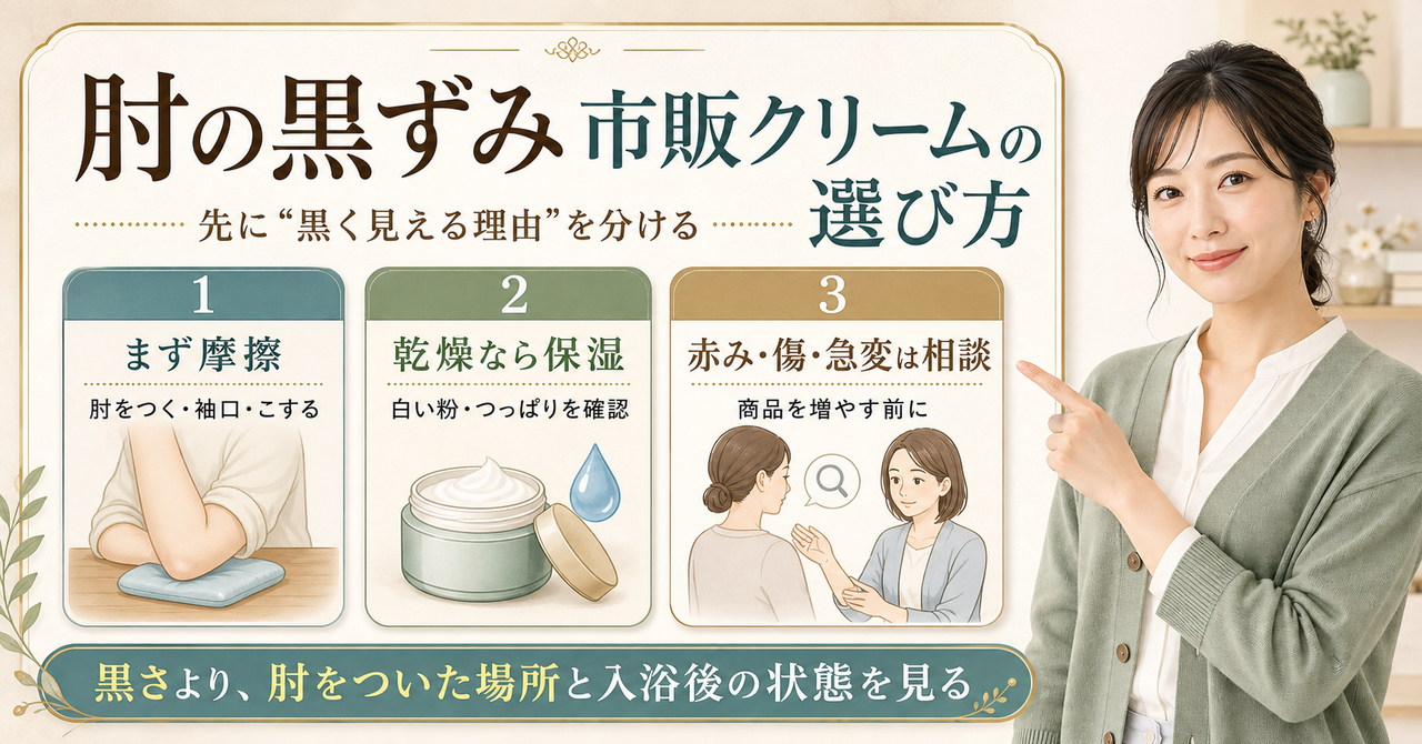 肘の黒ずみに使う市販クリームの選び方を確認するアイキャッチ