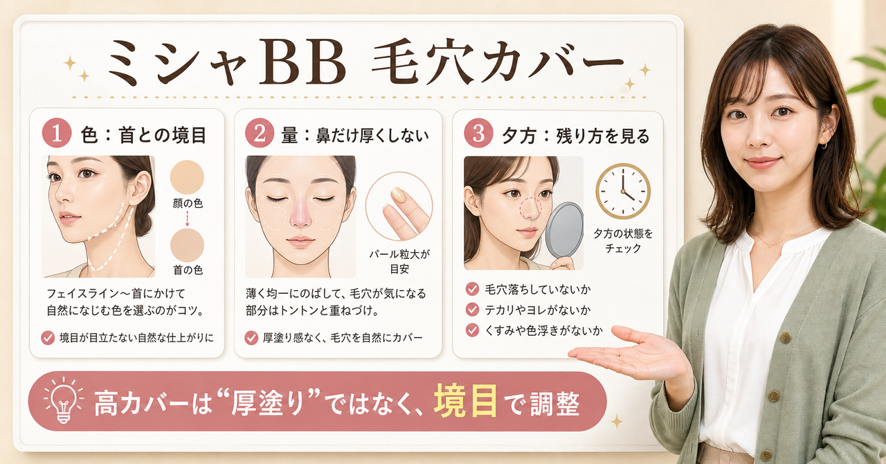 ミシャBBクリーム パーフェクトカバーの毛穴カバーを色・量・夕方の残り方で判断するボード