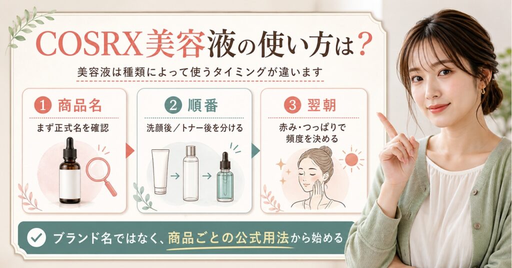 COSRX美容液を正式商品名・使用順・量・併用注意・翌朝の肌反応で判断するボード