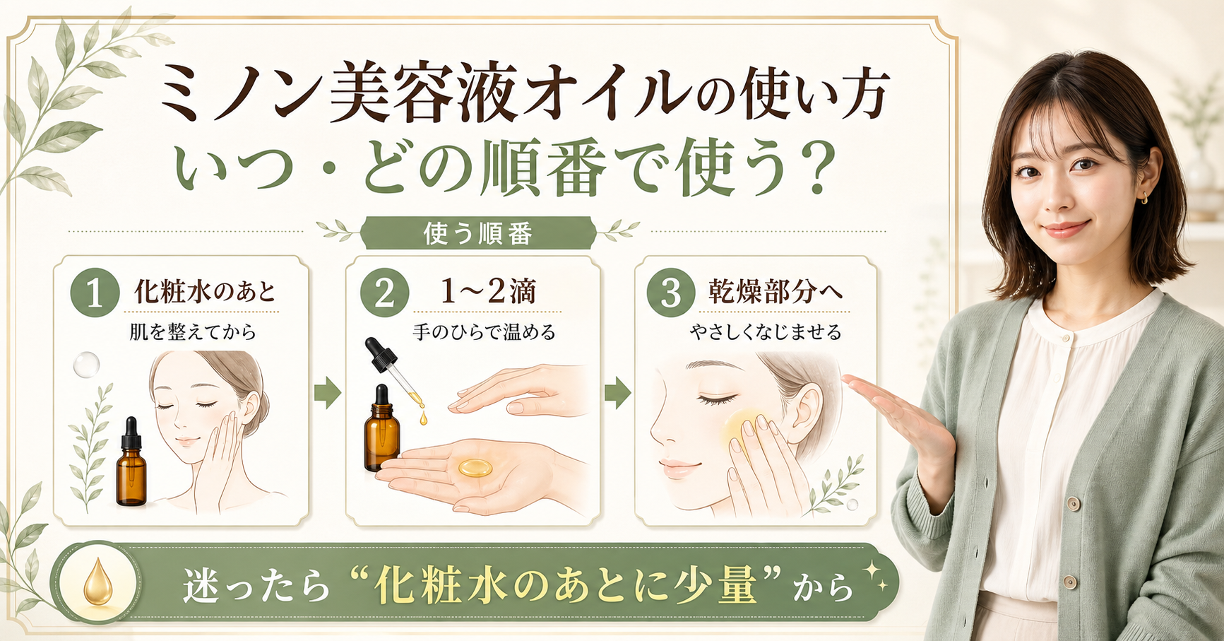 ミノン美容液オイルの使い方を順番で確認するアイキャッチ