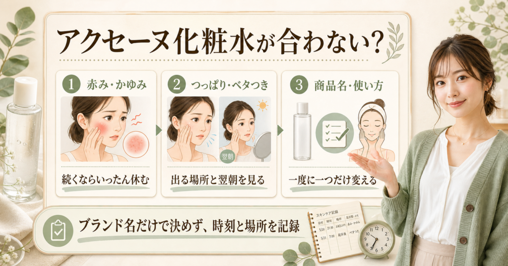 アクセーヌ化粧水が合わないときに赤み・かゆみ、翌朝のつっぱり・ベタつき、使用条件を分けて判断するボード