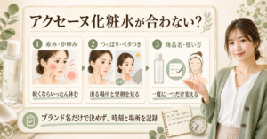 アクセーヌ化粧水が合わないときに赤み・かゆみ、翌朝のつっぱり・ベタつき、使用条件を分けて判断するボード