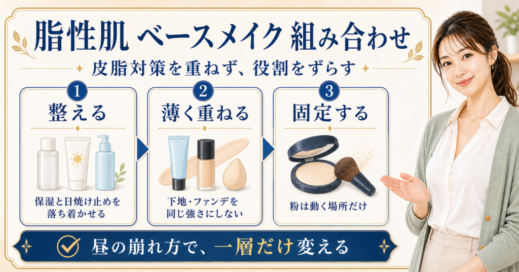 脂性肌のベースメイクで皮脂・毛穴・崩れ方・粉浮きを分けて一層ずつ組み合わせを見直す判断ボード