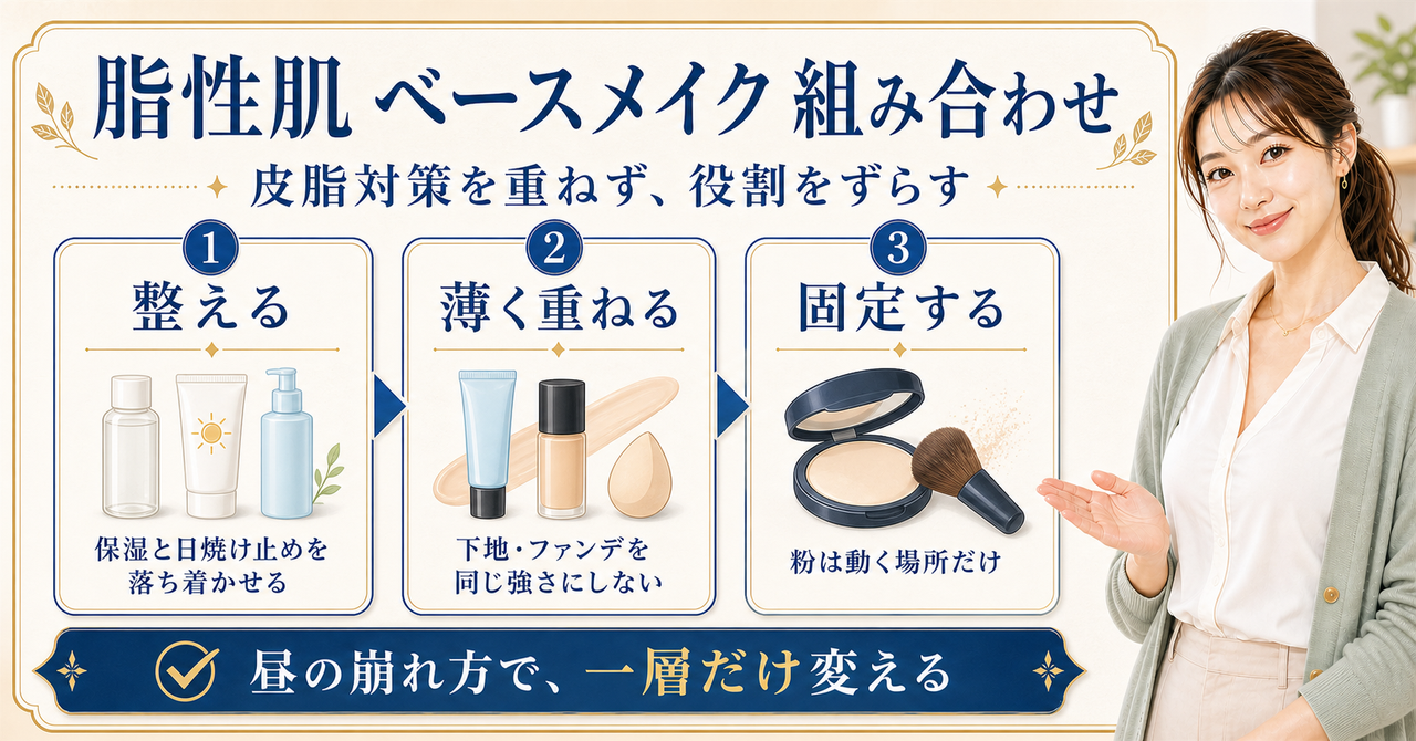脂性肌のベースメイクで皮脂・毛穴・崩れ方・粉浮きを分けて一層ずつ組み合わせを見直す判断ボード