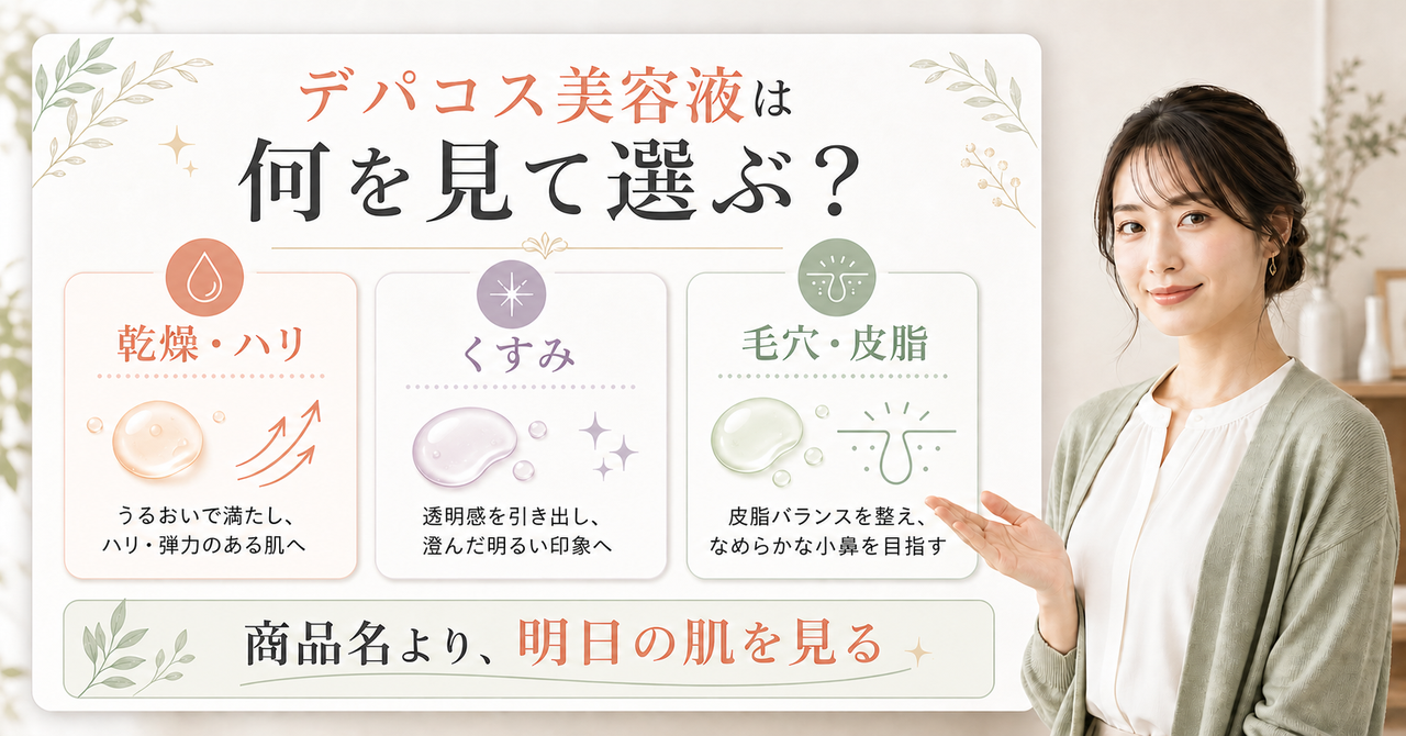 デパコス美容液を乾燥・くすみ・毛穴や皮脂の観察場所で選ぶ三分岐の判断ボード
