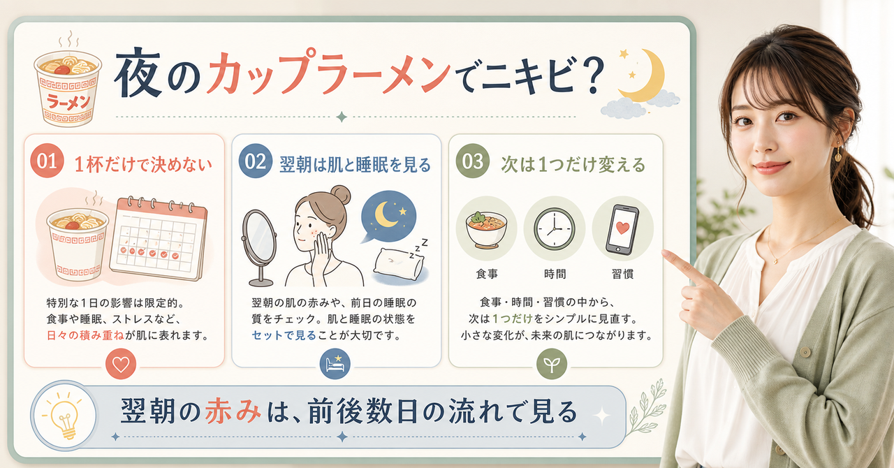 夜にカップラーメンを食べた翌朝のニキビを食事だけで断定せず頻度・睡眠・肌状態で見る判断ボード
