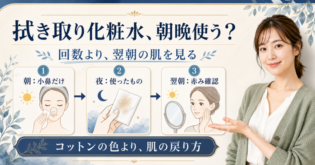 拭き取り化粧水の朝晩使用を皮脂・メイク残り・圧・翌朝の赤みで見直す判断ボード