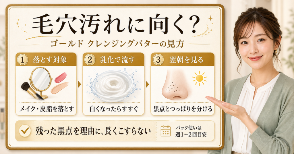 スイサイのゴールドクレンジングバターをメイク・皮脂を落とす工程と黒点・ざらつき・翌朝の状態に分ける判断ボード