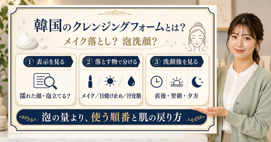 韓国のクレンジングフォームを用途・使用法・落とす対象で読み分けて洗顔とメイク落としの順番を判断するボード