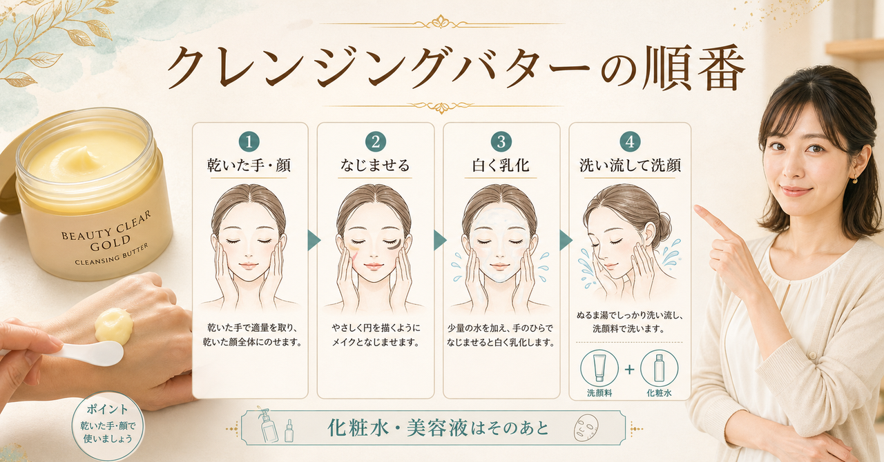 クレンジングバターを乾いた手・顔から乳化・洗顔まで使う順番