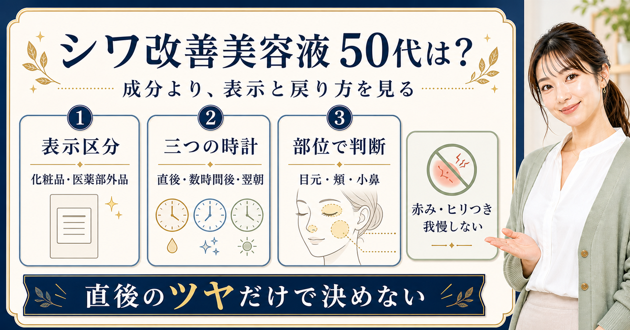 50代のシワ改善美容液を表示と時間と部位で選ぶ判断軸を示すアイキャッチ