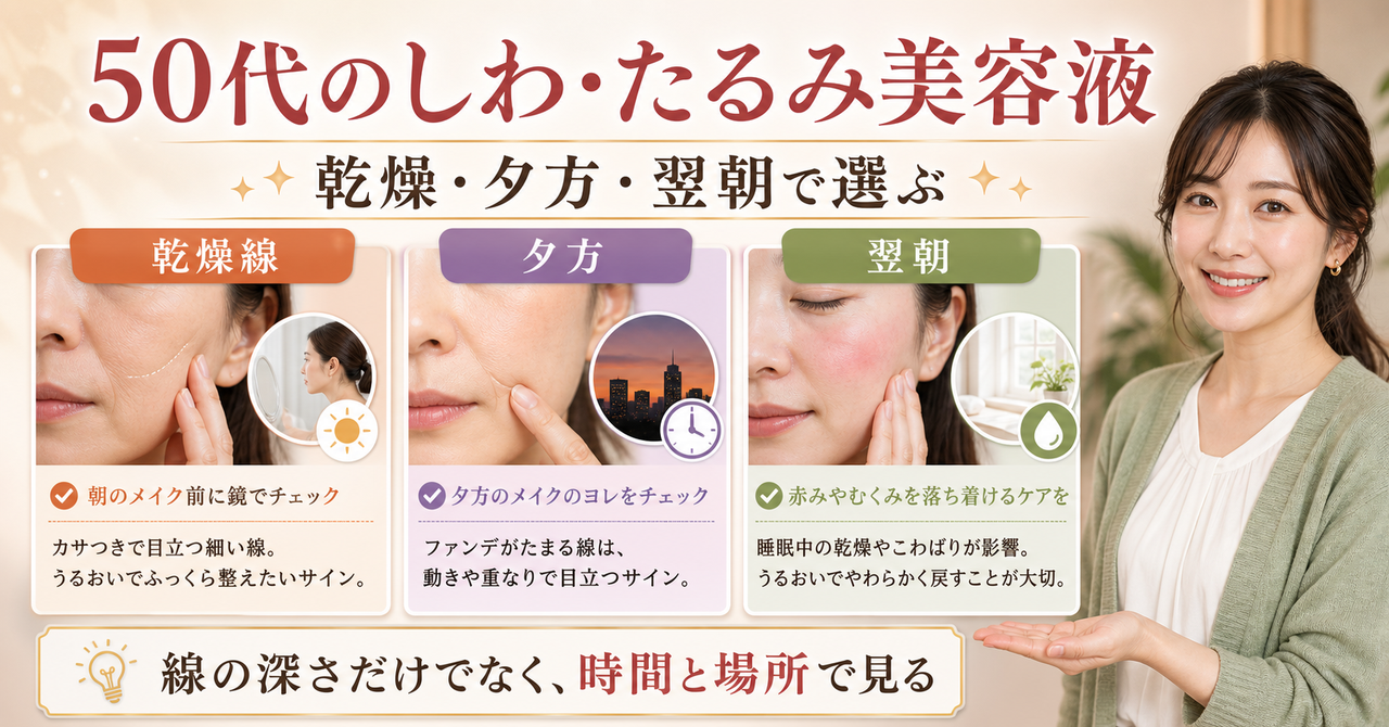 50代のしわ・たるみ美容液を乾燥とハリの観察で選ぶ