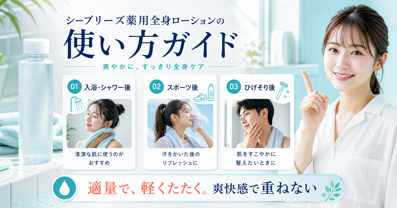 シーブリーズ アンティセプティック fを使う場面と適量、刺激時の中止を示す図解