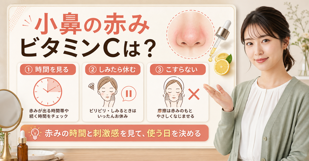 小鼻の赤みとビタミンCを時間と刺激感で判断する図解