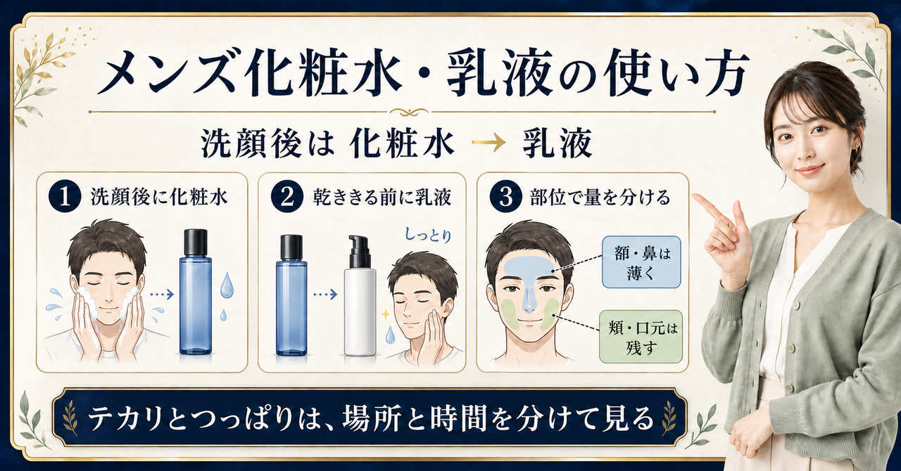 メンズの化粧水と乳液の順番、乾ききる前の使い方、部位別の量調整を示すアイキャッチ
