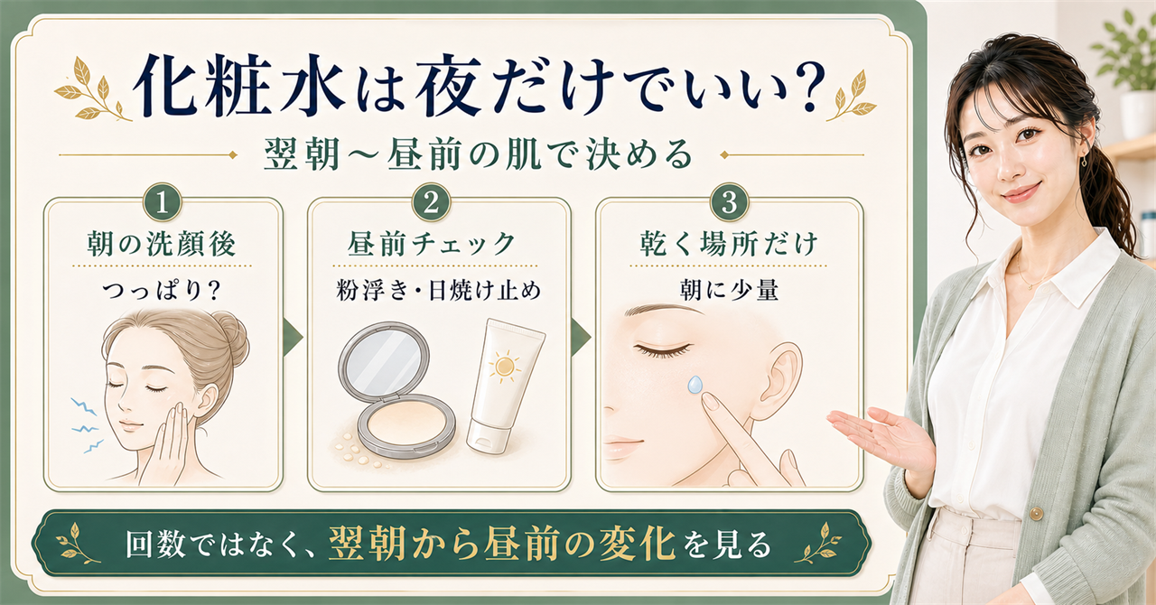 化粧水を夜だけ使うか、翌朝から昼前の肌変化で判断するアイキャッチ