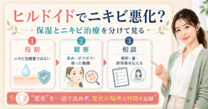 ヒルドイドでニキビが悪化したように見えるときの役割・観察・相談の整理図