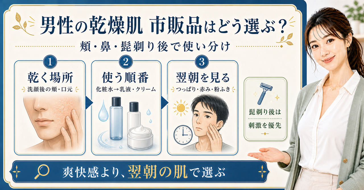 乾燥肌の男性が乾く場所と使用順、翌朝の反応で市販スキンケアを選ぶ図解