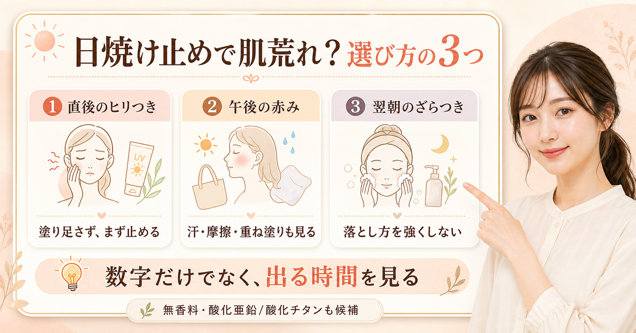 日焼け止めの肌荒れを塗布直後、汗、洗浄後に分けて見直す図解