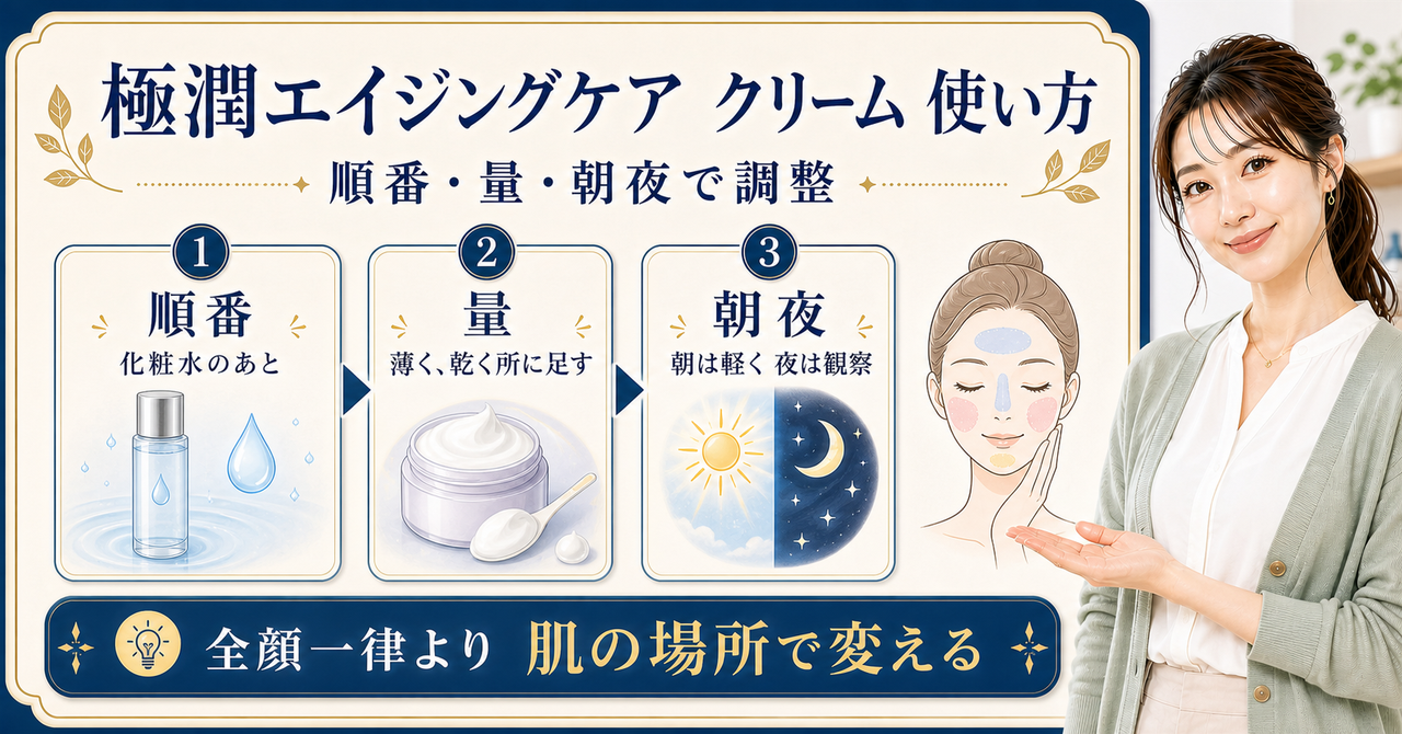 極潤エイジングケアクリームを化粧水後に塗る順番と部位別の量を示す図解