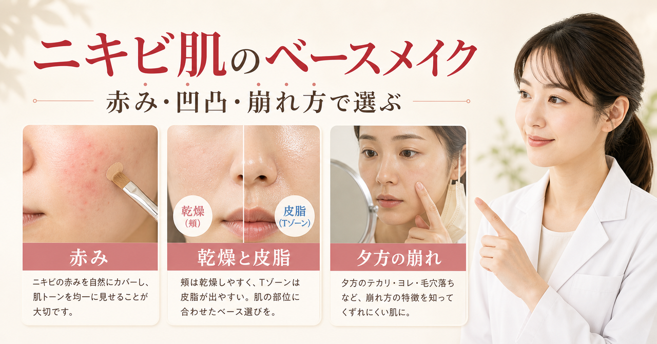 ニキビ肌の赤み、凹凸、皮脂、乾燥を分けてベースメイクを選ぶ図解