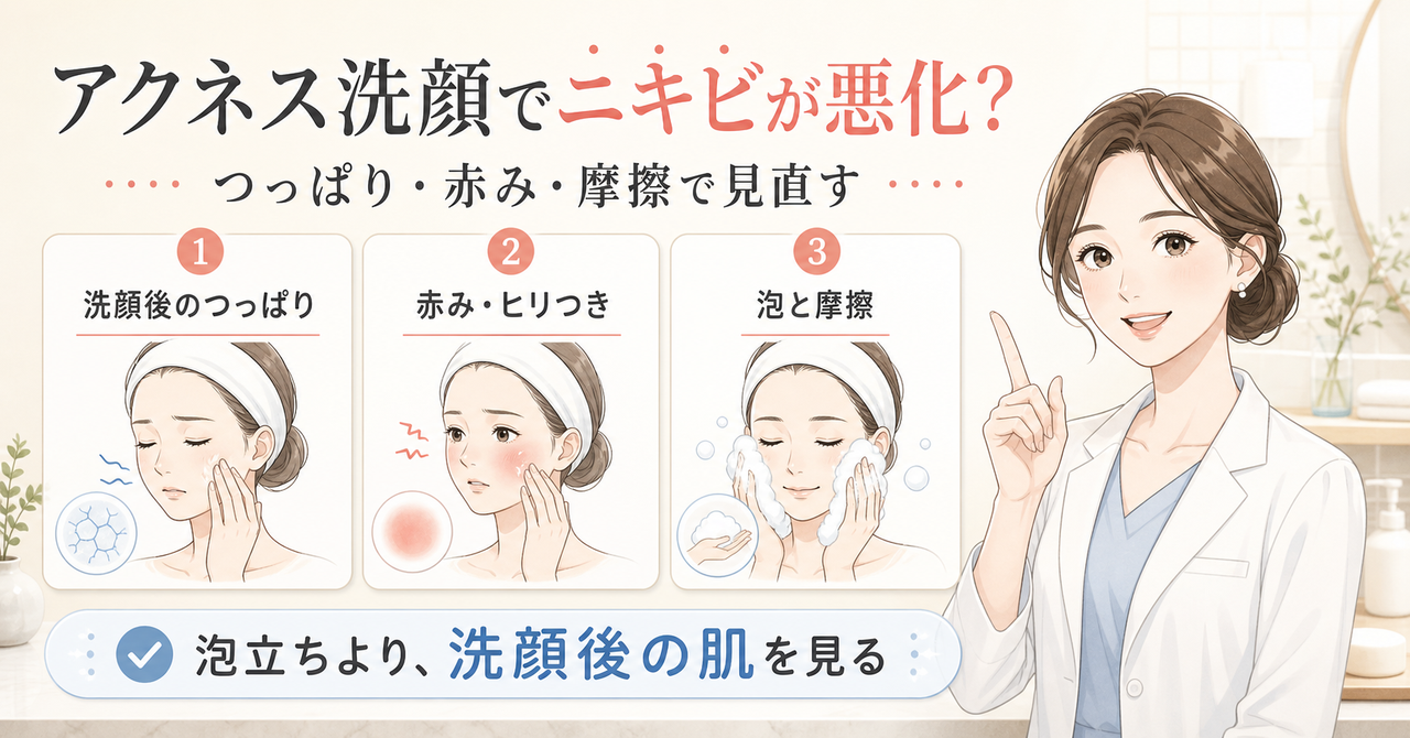 アクネス洗顔後のつっぱり、赤み、摩擦、翌朝の変化を分けて確認する図解