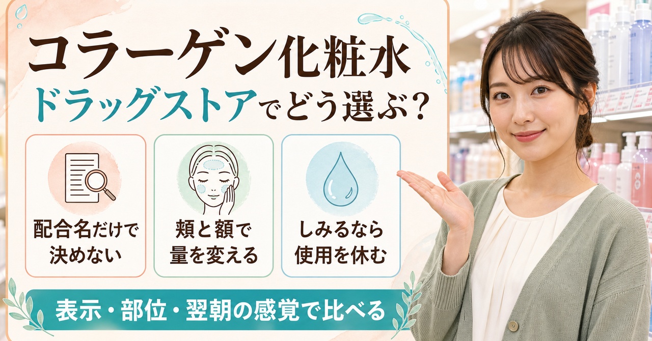 コラーゲン化粧水を目的、部位、表示、翌朝の肌感で選ぶ図解