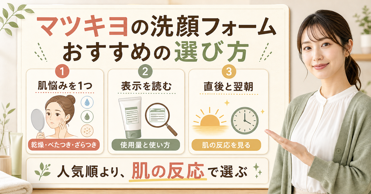 マツキヨの洗顔フォームを表示、泡、翌朝の肌で選ぶ図解