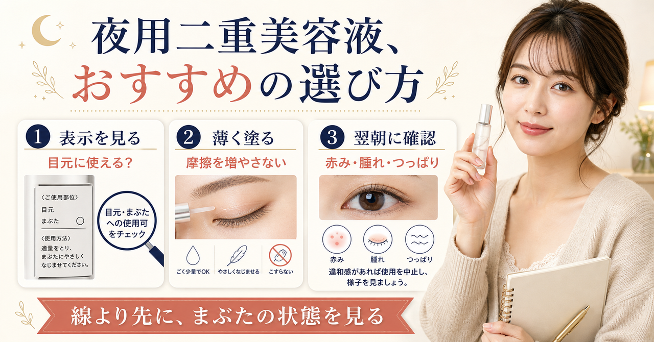 夜用二重美容液を表示、薄く塗る、翌朝確認の三段階で選ぶ図解