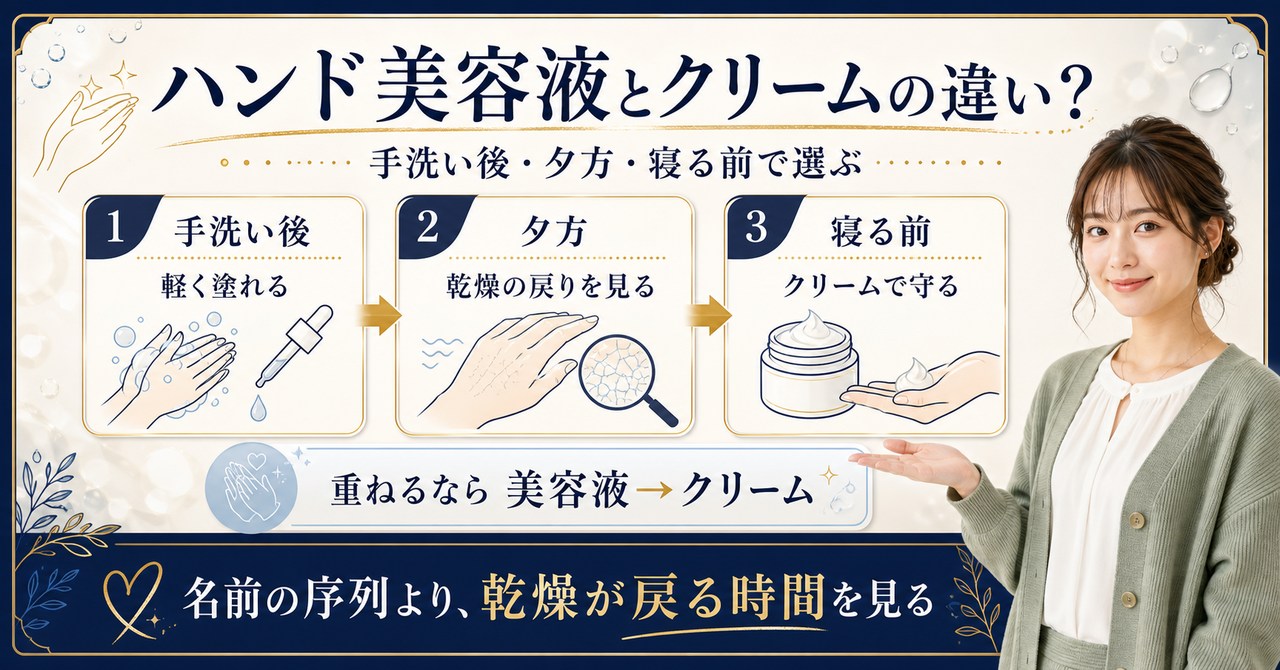 ハンド美容液とハンドクリームを手洗い後、夕方、寝る前の時間帯で使い分ける図解