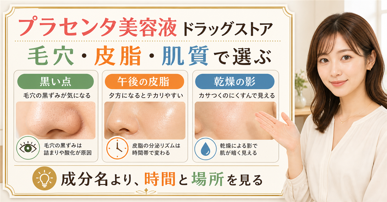 プラセンタ美容液をドラッグストアで選ぶとき、毛穴・皮脂・乾燥の出方を分けて見る図解