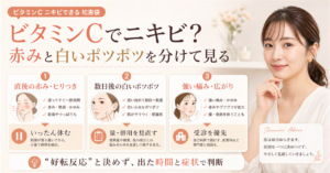 ビタミンCでニキビができるか、使用直後の刺激と数日後の詰まりを分けて見る図解
