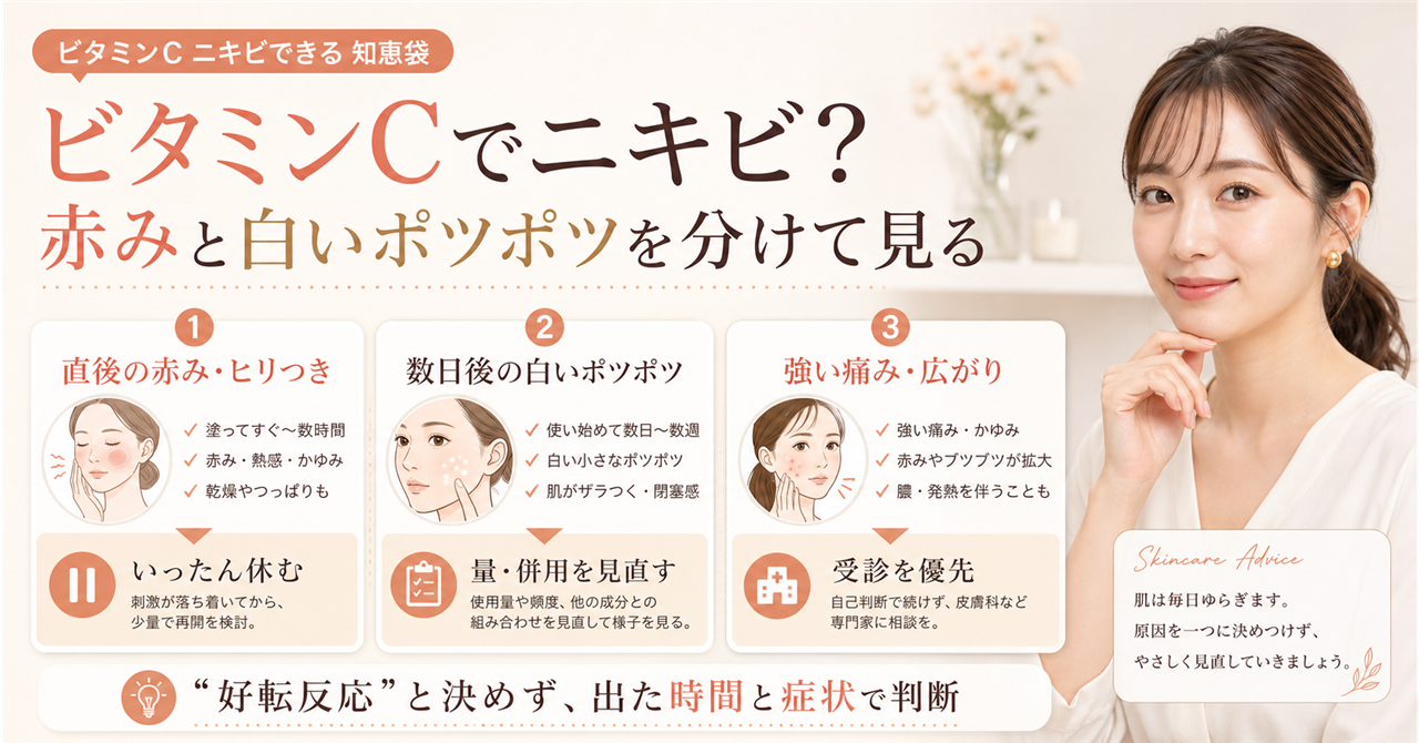 ビタミンCでニキビができるか、使用直後の刺激と数日後の詰まりを分けて見る図解