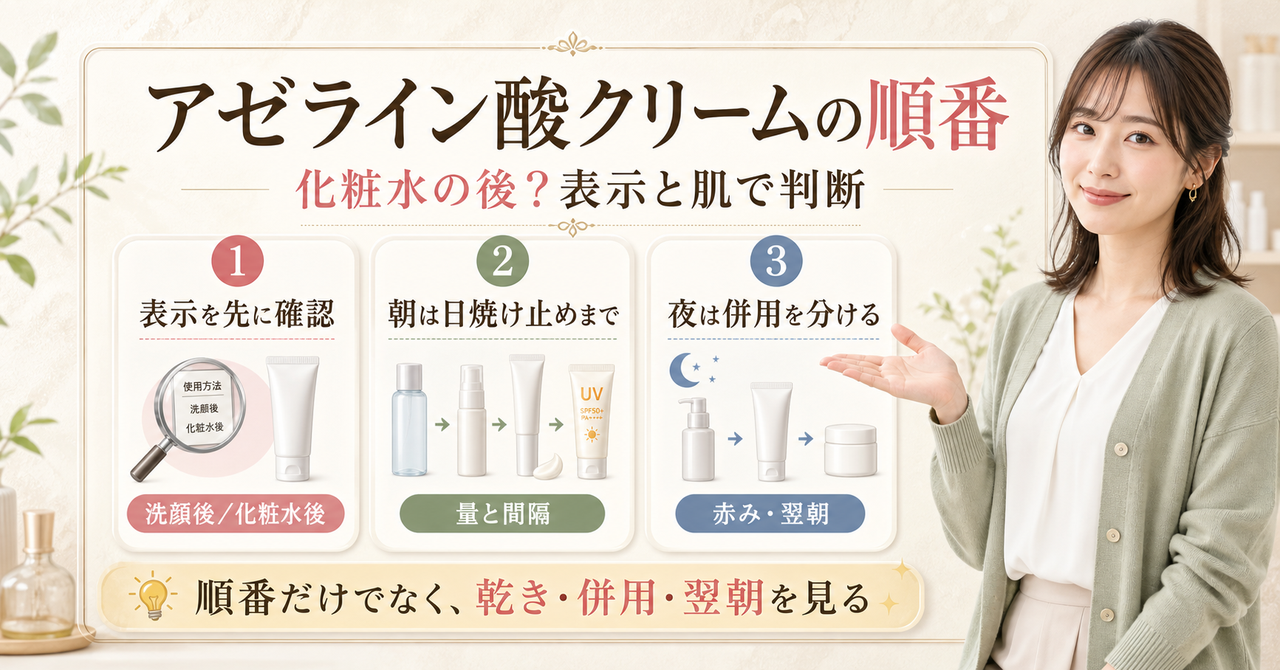 アゼライン酸クリームの順番を水分系の後、表示、朝夜、併用で確認する図解