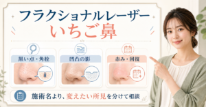 フラクショナルレーザーでいちご鼻の黒い点、凹凸、赤みを分けて相談する図解