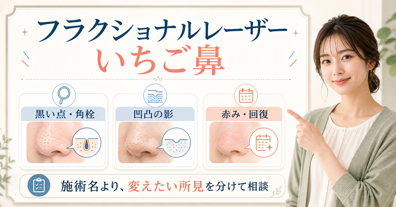 フラクショナルレーザーでいちご鼻の黒い点、凹凸、赤みを分けて相談する図解