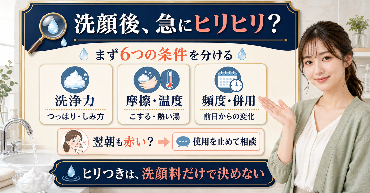 洗顔後に急にヒリヒリするとき洗浄力、摩擦、温度、頻度、併用成分、肌状態を分ける図解