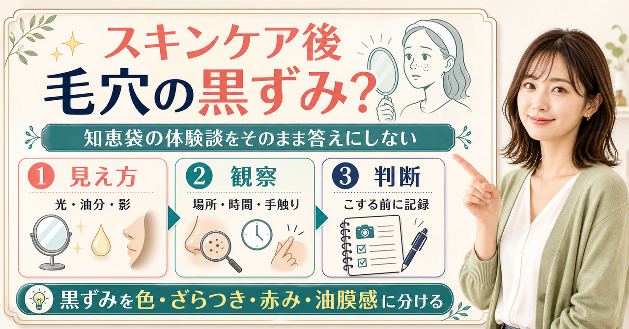 スキンケア後の毛穴の黒ずみを時間、場所、ざらつき、赤みで見分ける図解