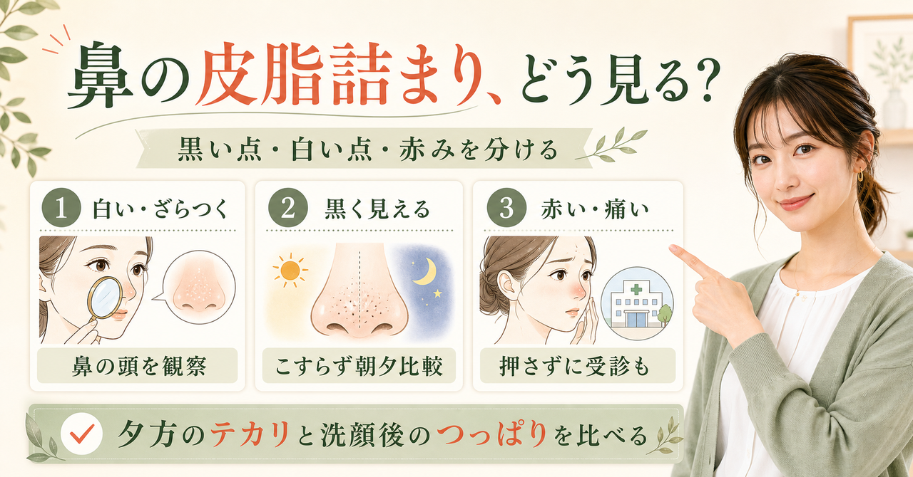 鼻の皮脂詰まりを白い点、黒い点、赤み、洗顔と保湿で見分ける図解