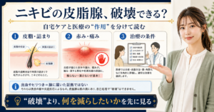 ニキビの皮脂腺破壊を皮脂、角栓、炎症、跡に分けて医療情報を読む図解