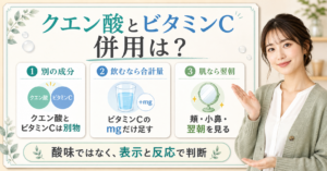 クエン酸とビタミンCの併用を飲用と肌使用、翌朝のサインで分ける図解