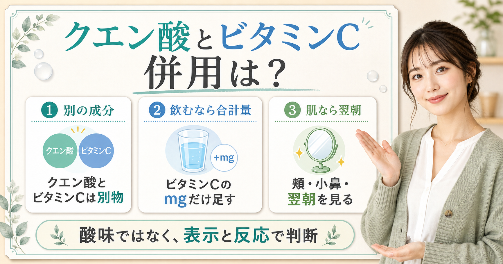 クエン酸とビタミンCの併用を飲用と肌使用、翌朝のサインで分ける図解