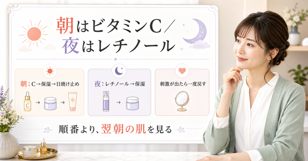 朝はビタミンC、夜はレチノールの順番を示す解説ボード