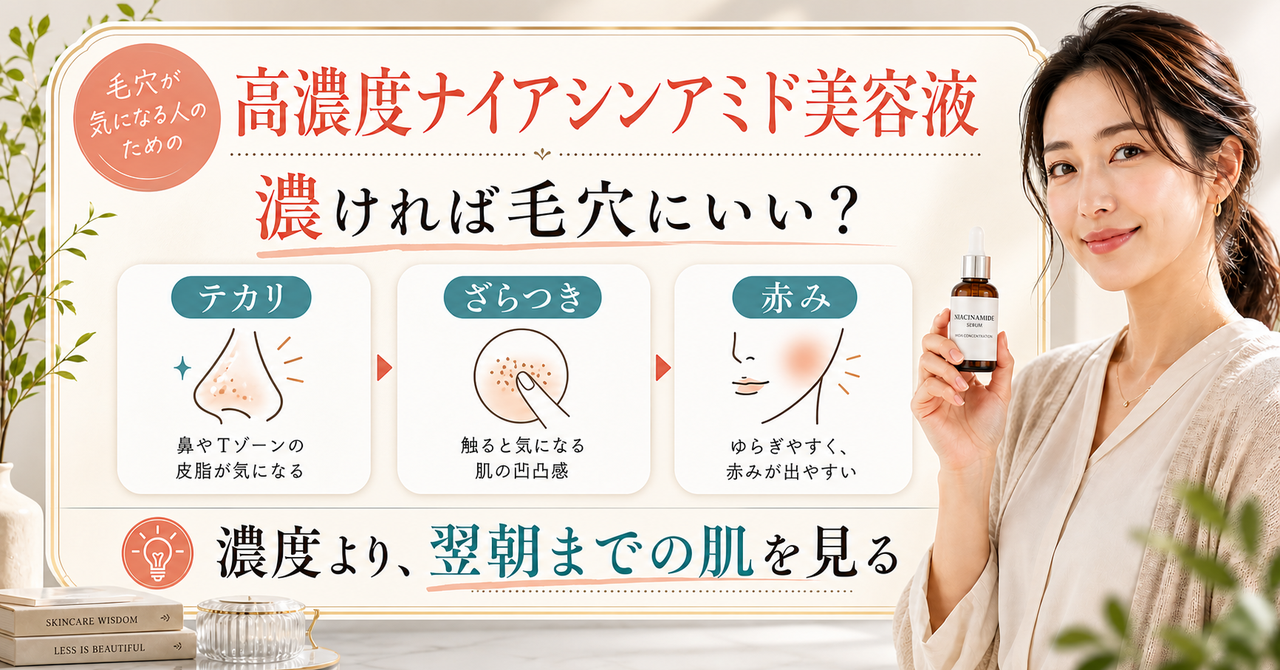 高濃度ナイアシンアミド美容液を毛穴の状態と翌朝の肌で選ぶ解説ボード