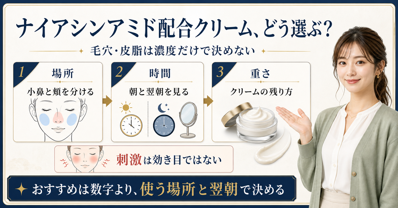 ナイアシンアミド配合クリームを場所・時間・重さで選ぶ解説ボード