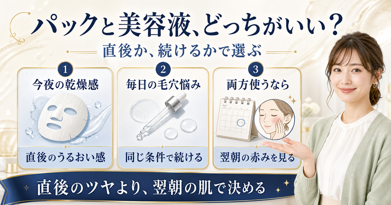 パックと美容液の使い分けを直後・継続・翌朝で示す解説ボード