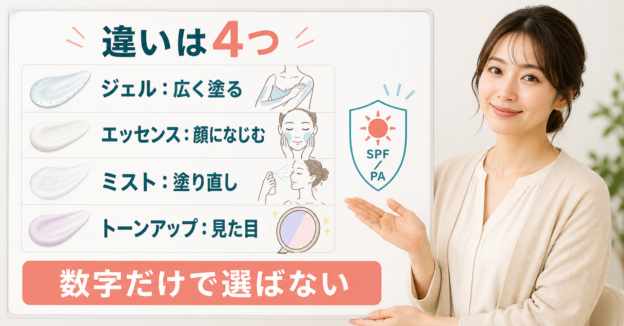 スキンアクアの日焼け止めをジェル・エッセンス・ミスト・トーンアップで比較する相談ボード