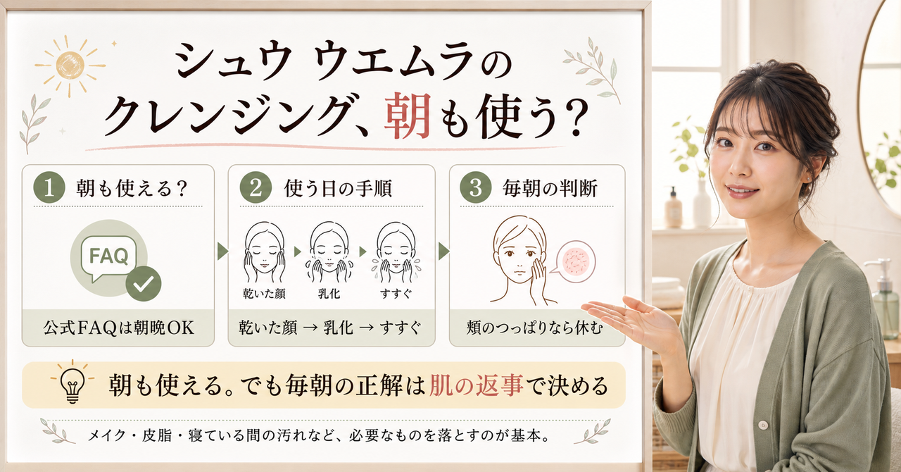 シュウ ウエムラのクレンジングを朝に使うか、乳化と肌反応で判断する図解
