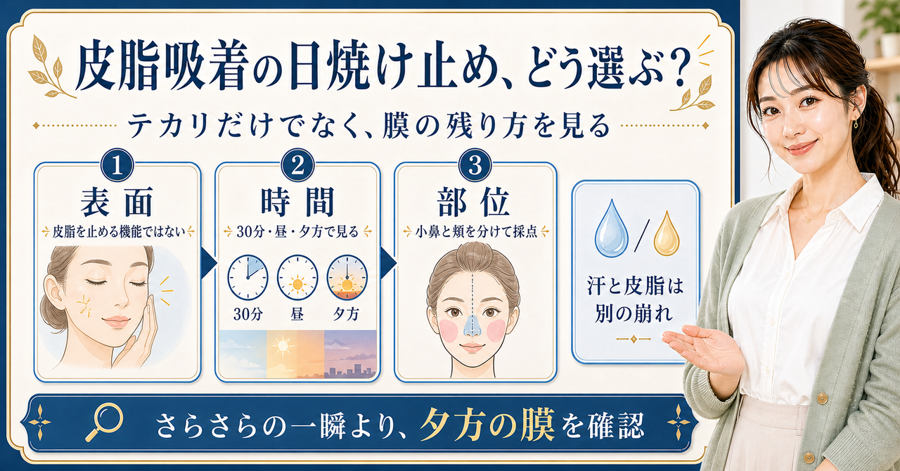 皮脂吸着の日焼け止めをテカリと乾燥、時間と部位で見分ける図解